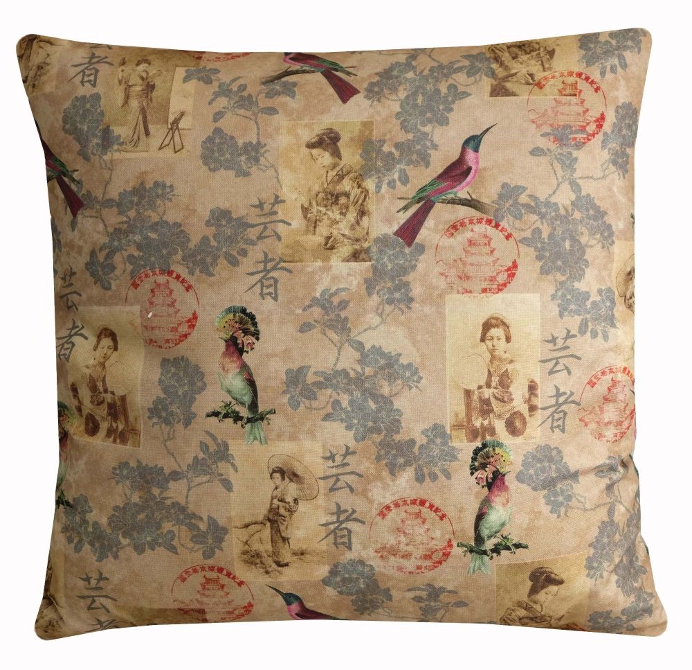 Beige Oriental Cushion Cover - Bird and Floral Pillow (45x45cm)