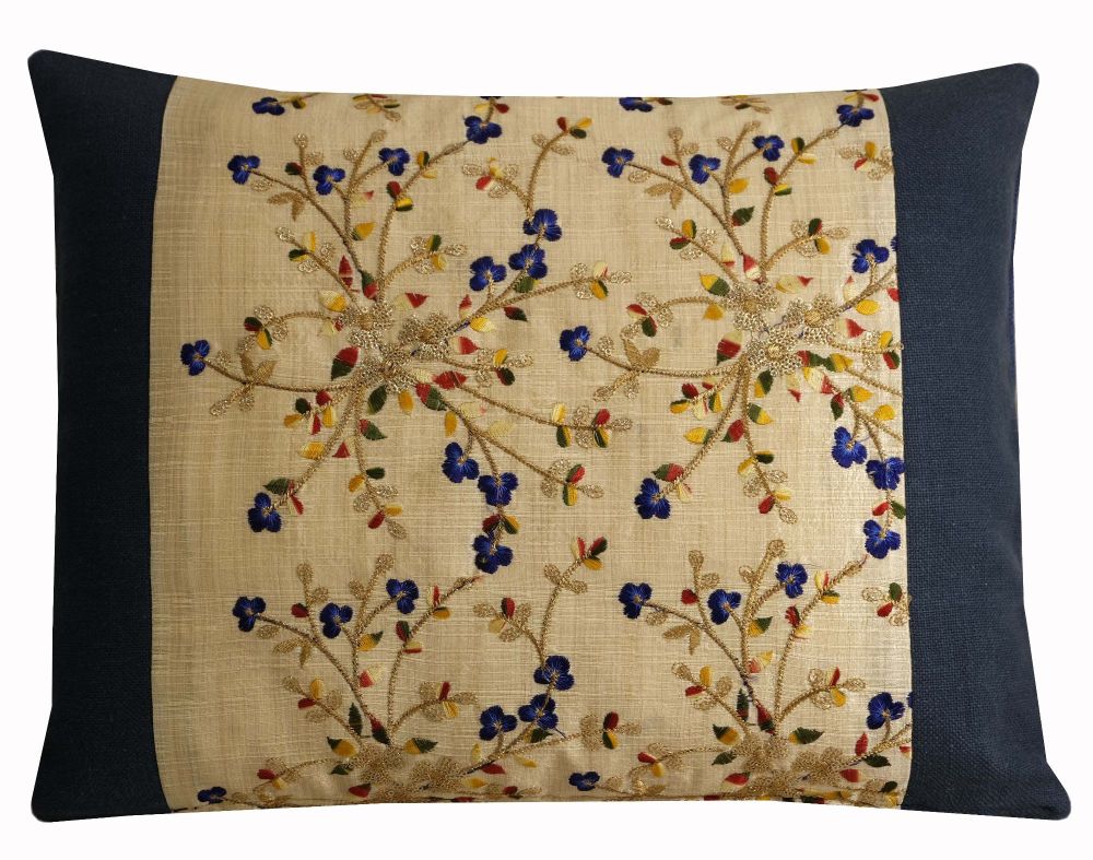 Beige and Navy Embroidered Floral Cushion Cover - Linen and Silk (35x45cm)