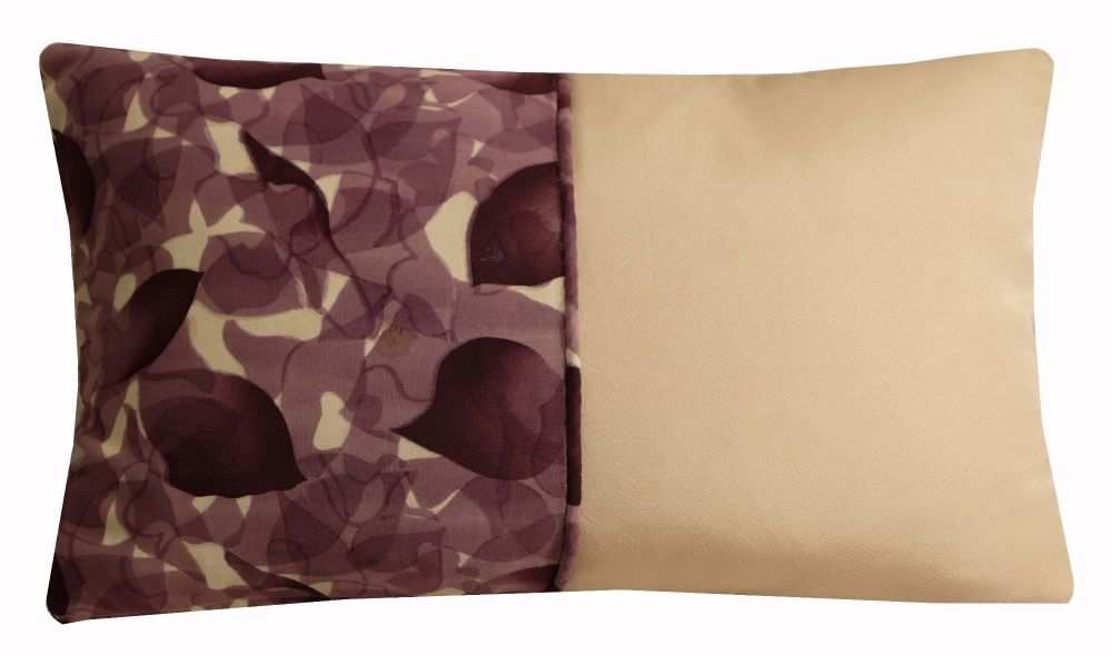 Purple and Beige Cushion Cover - Leaf Pattern Kimono Silk Pillow (30x50cm)