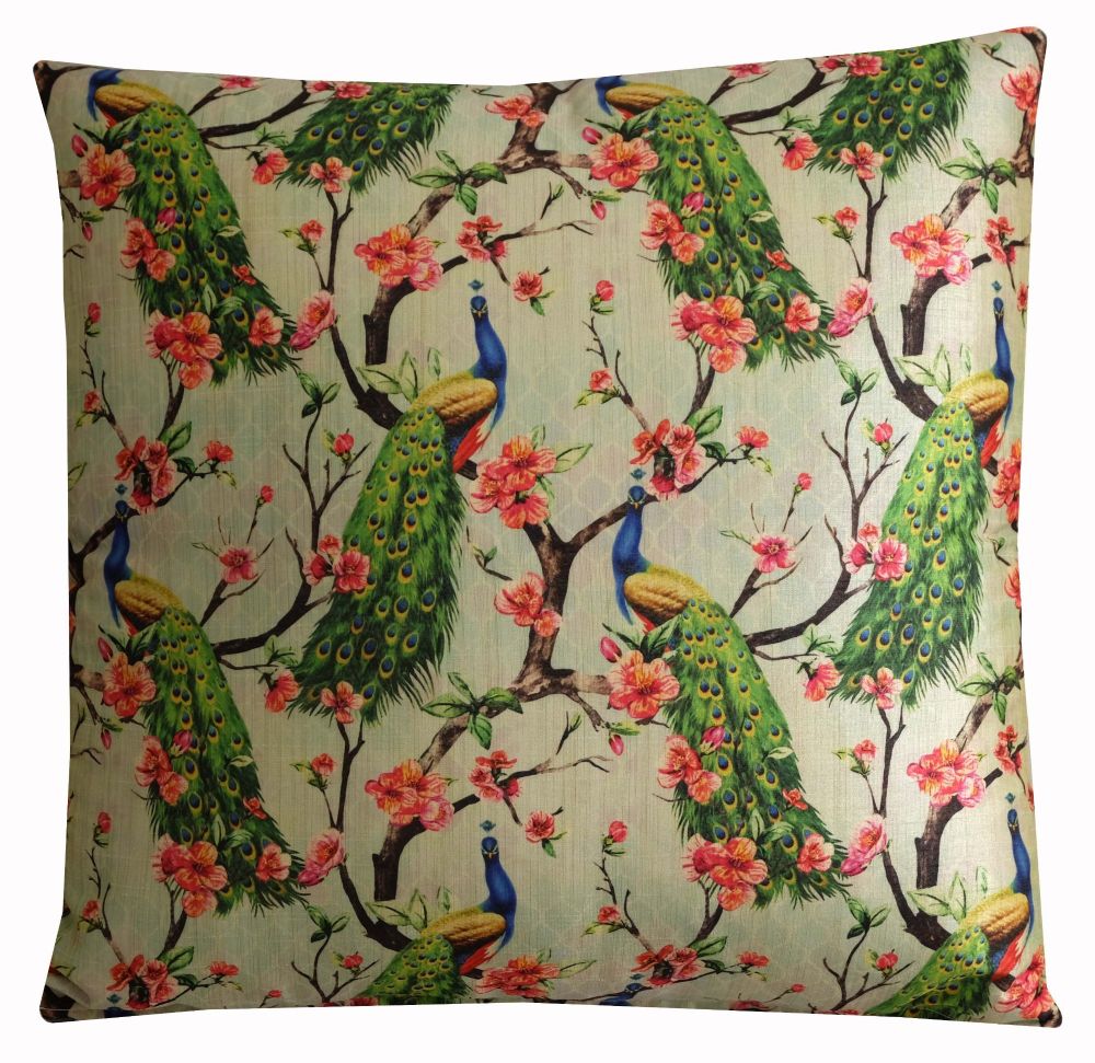 Peacock and Floral Print Cushion Cover in Faux Silk