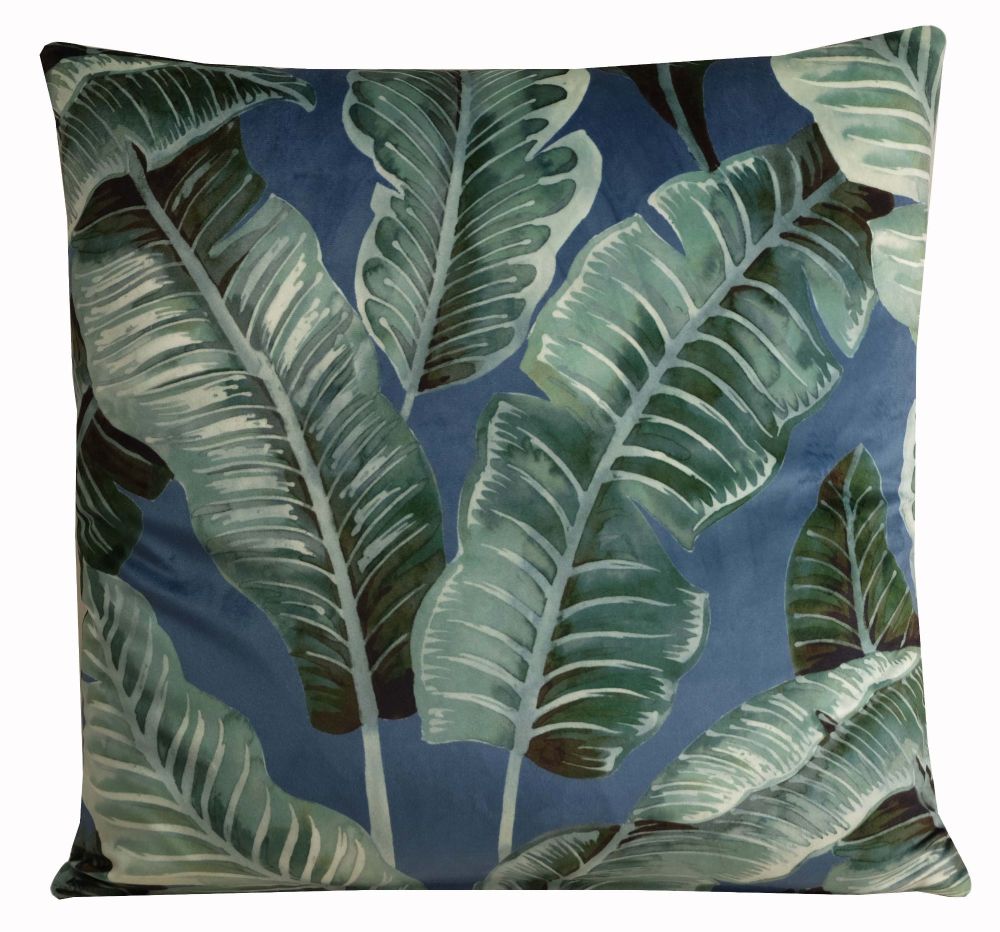 Velvet Tropical Leaf Print Cushion Cover - Green and Indigo
