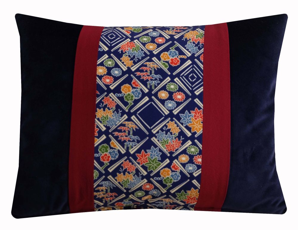 Navy and Red Floral Cushion Cover in Velvet and Japanese Kimono Silk  (35x45)