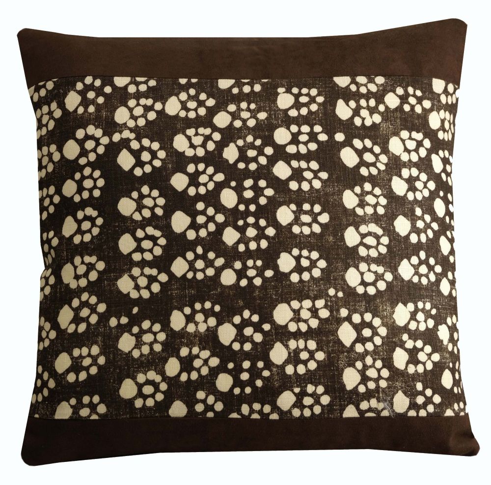 Brown and White Cushion Cover Paw Print Linen and Faux Suede (40x40cm)