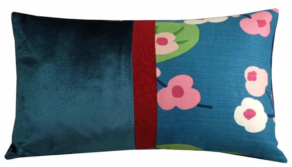 Floral Velvet and Linen Cushion Cover - Teal/Turquoise (30x50cm)