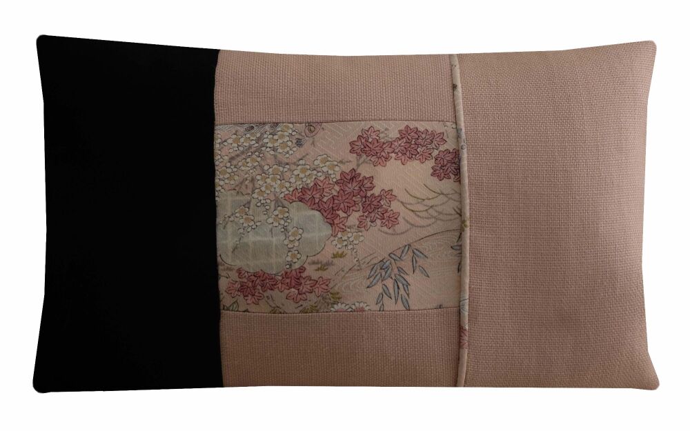 Pink and Black floral Cushion Cover, Linen and Silk