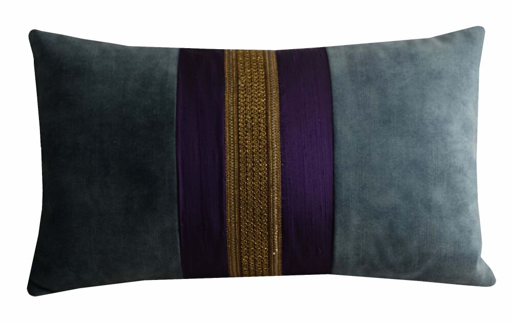 Green and Aubergine Cushion Cover with a Gold Trim - Velvet and Silk (30x50