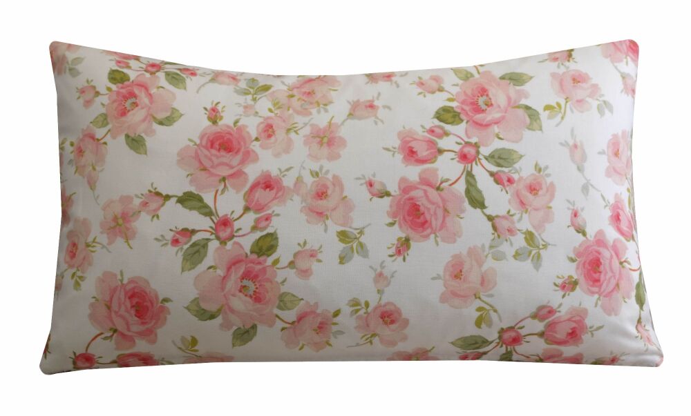Pink and White English Country Rose Floral Cushion Cover (30x50cm)