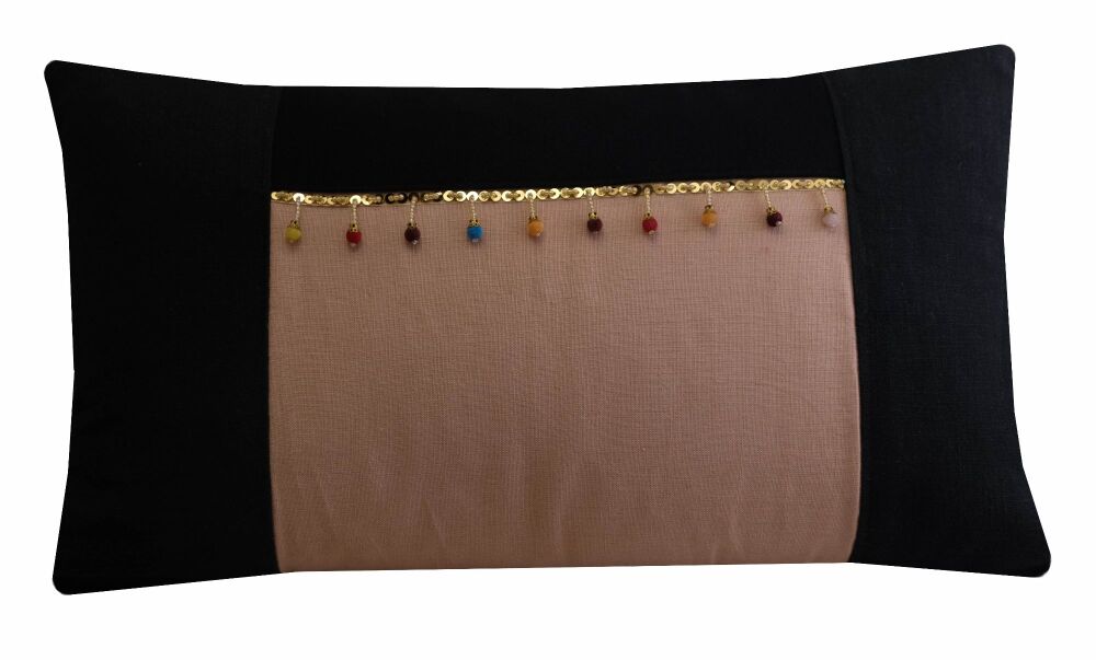 Black and Pink Pom Pom and Sequin Trim Cushion Cover