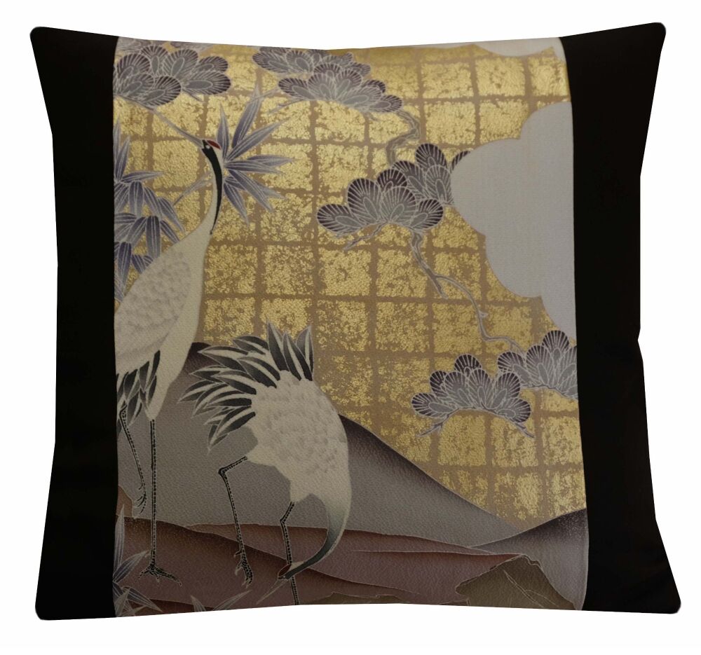 Black and Grey Silk Crane Cushion Cover with Metallic Gold Accents (45x45cm