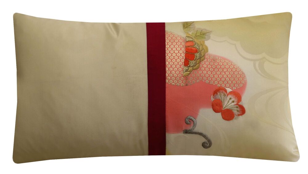 Embroidered Silk Floral Cushion Cover in Cream and Red (30x50cm)