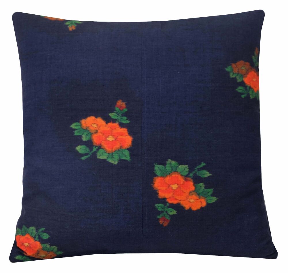 Persimmon Floral Navy Red Silk Blend Cushion Cover (45x45cm)
