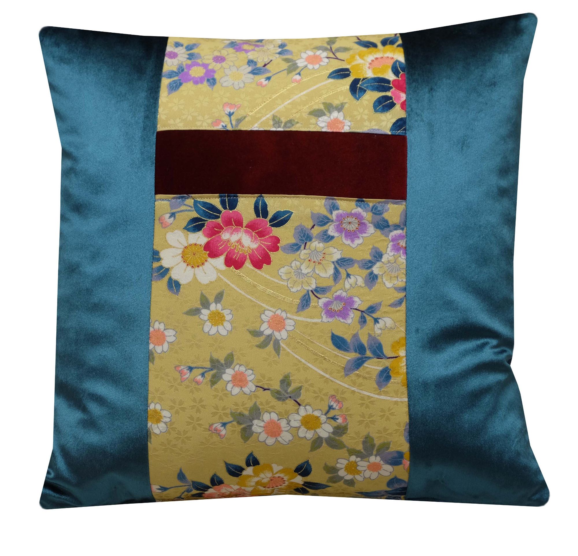 Bright Floral Cushion in Teal Velvet and Japanese Silk