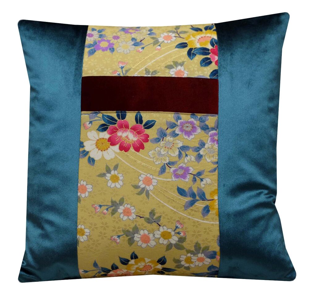 Bright Floral Cushion Cover  in Teal Velvet and Silk (40x40cm)