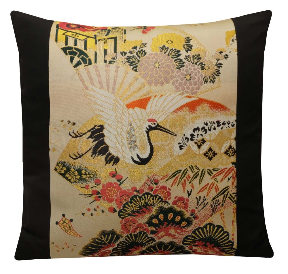 Japanese Silk Crane Cushion Cover