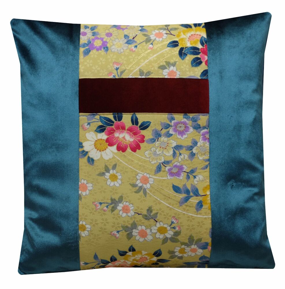 Turquoise and Yellow Floral Cushion Cover  in Velvet and Silk (40x40cm)