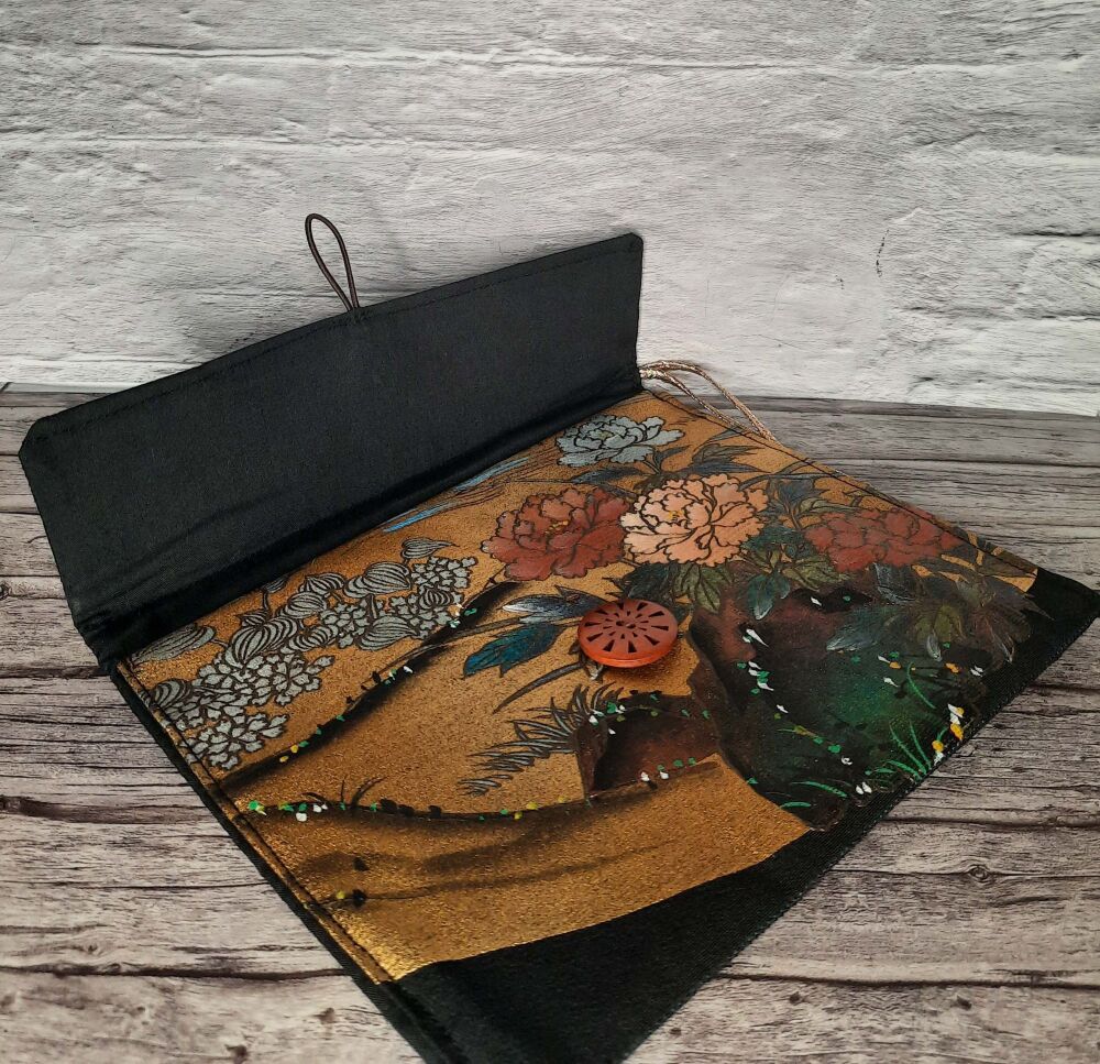Japanese Silk Floral Passport Bag in Black and Metallic Gold