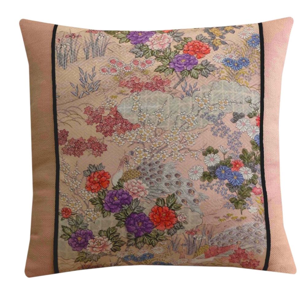 Peacock and Floral Cushion Cover – Pink Japanese Silk and Linen (43x43cm)