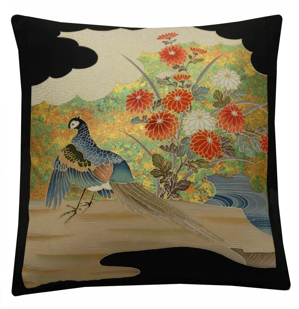 Silk Bird and Floral Cushion Cover with Metallic Gold Accents (40x40cm)
