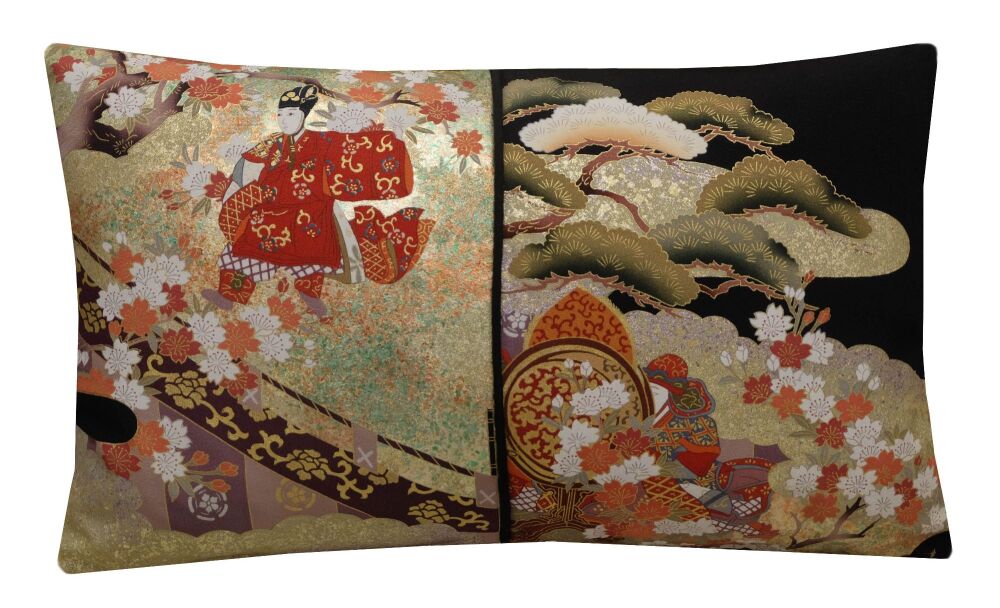 Japanese Silk Cushion – Bugaku Dancer & Cherry Blossoms,  Lumbar Pillow Cover 30x50cm