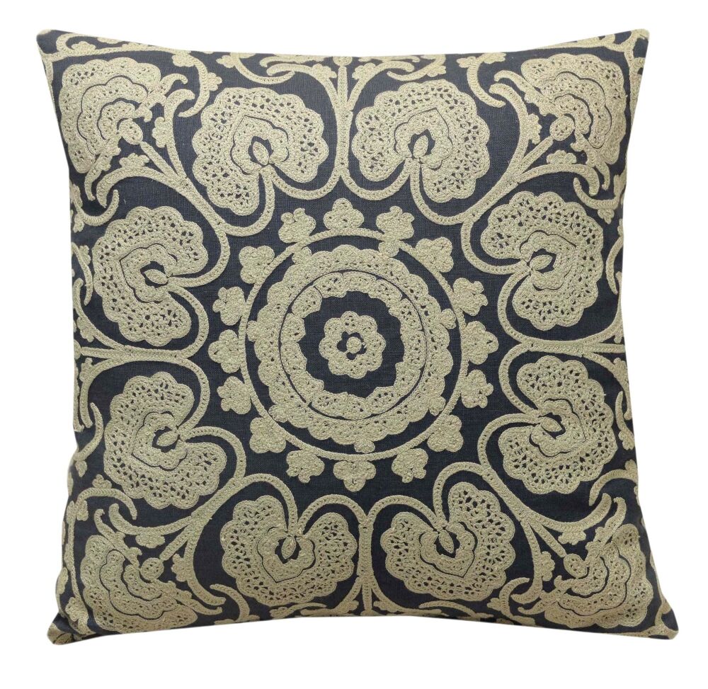 William Morris Indian Loop Cushion Cover - Blue with Cream Embroidery