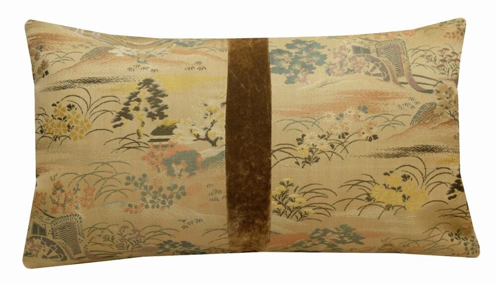 Vintage Japanese Obi Silk Brocade Cushion Cover - Beige/Gold (30x50cm)