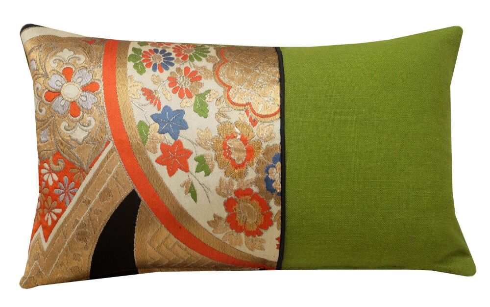 Japanese Obi Silk & Linen Cushion Cover 30x50cm, Green & Gold Floral Lumbar Pillow