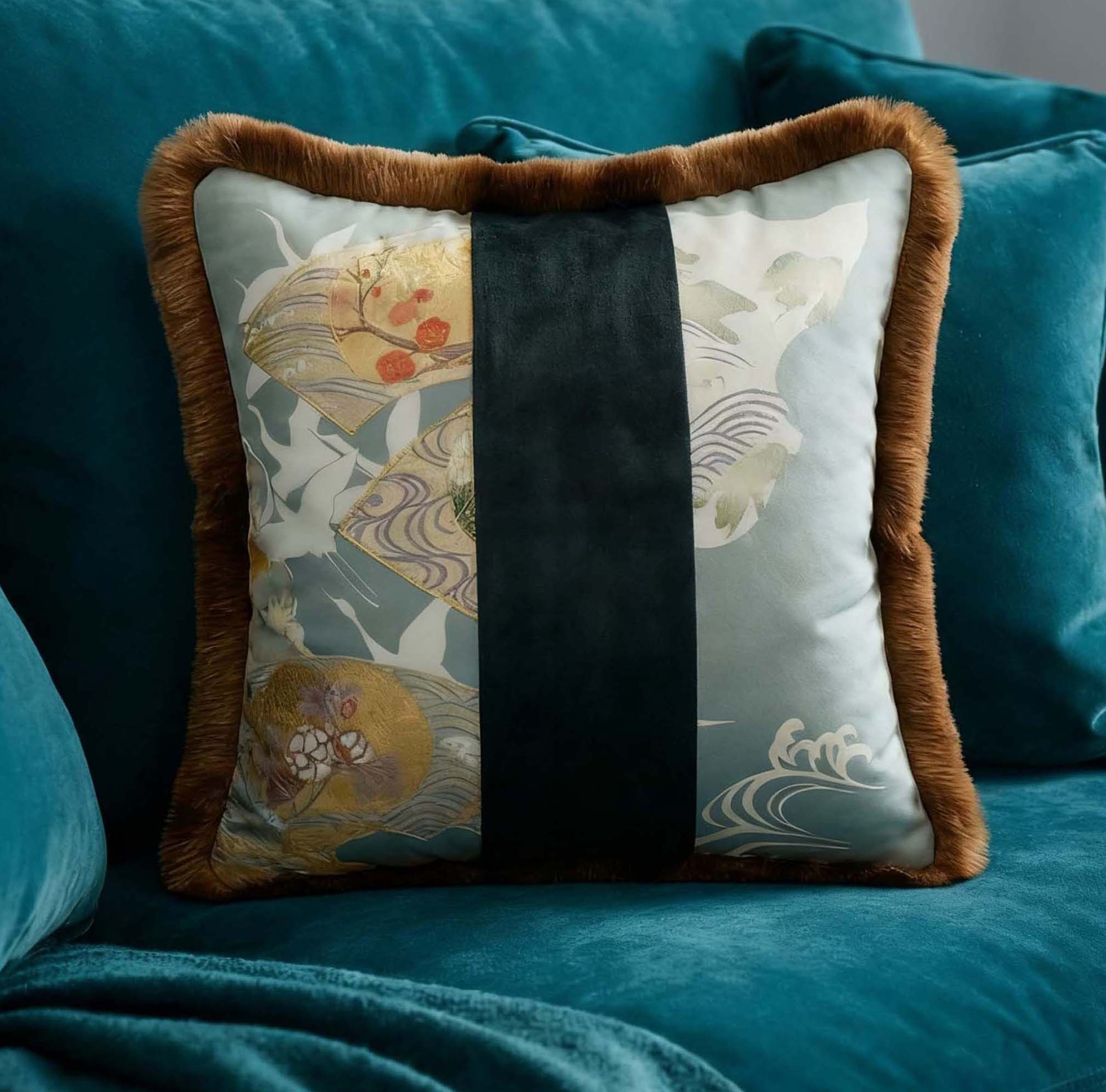 Japanese silk cushion cover with fringed edges