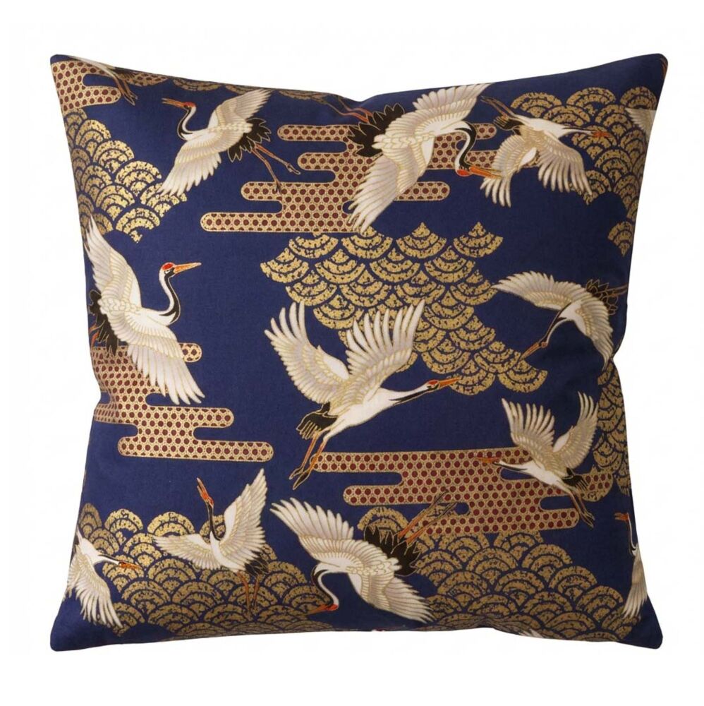 Crane Cushion Cover &ndash; Blue with Metallic Gold Accents (45x45cm)