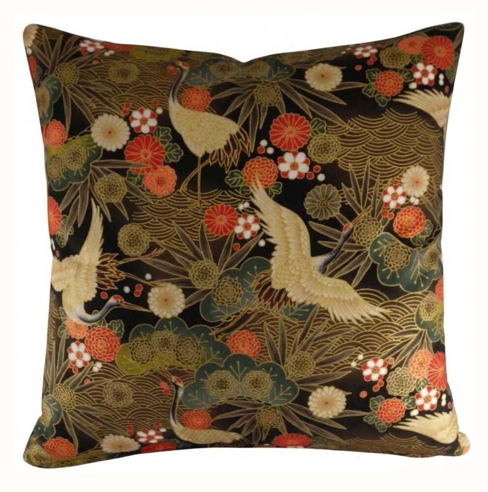 Black Crane Cushion Cover with Metallic Gold Highlights (45x45cm)