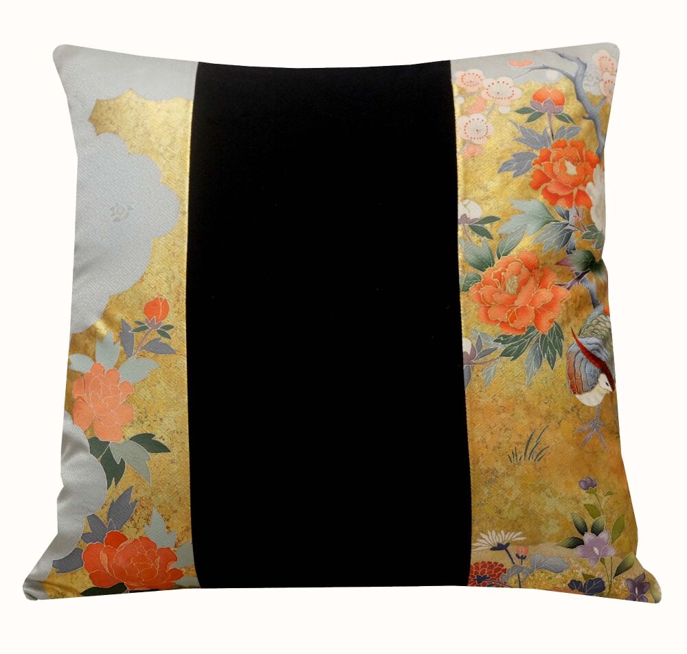 Japanese Silk Cushion Cover &ndash; Floral Grey & Black with Gold Accents (45x45cm)