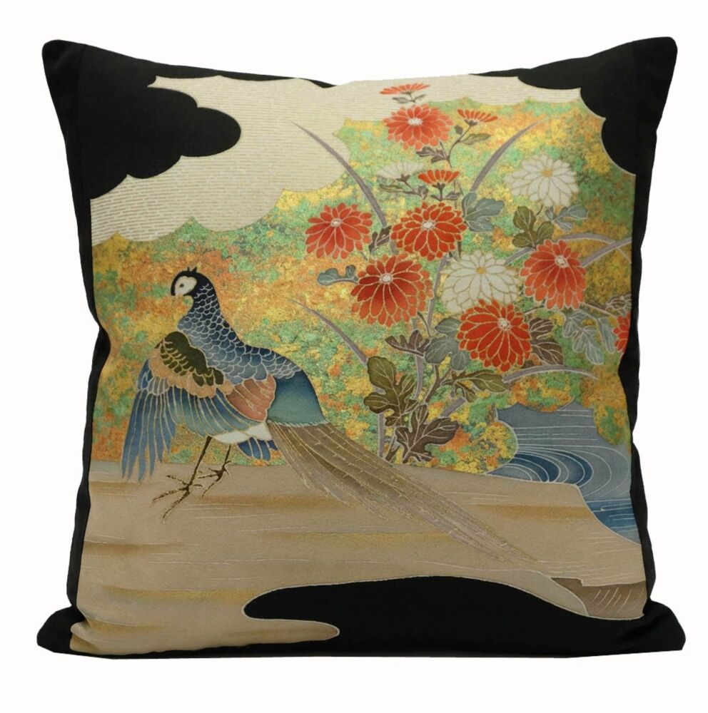 Silk Bird and Floral Cushion Cover with Metallic Gold Accents (40x40cm)
