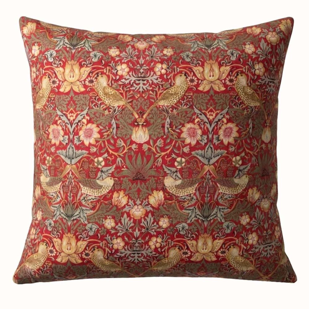 William Morris Red Strawberry Thief Cushion Cover, Various Sizes