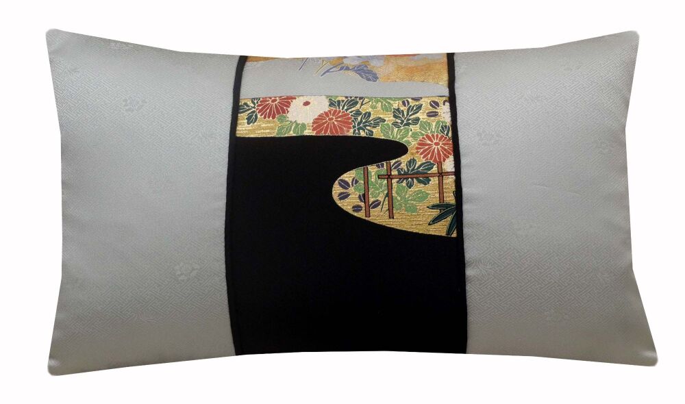 Floral Silk Cushion Cover in Grey, Black & Metallic Gold
