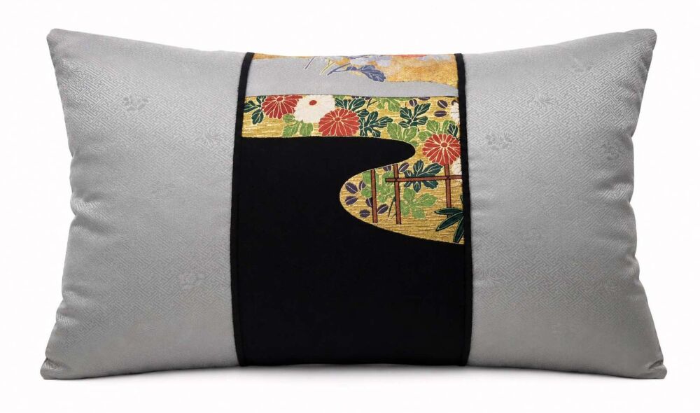 Floral Silk Cushion Cover in Grey, Black & Metallic Gold