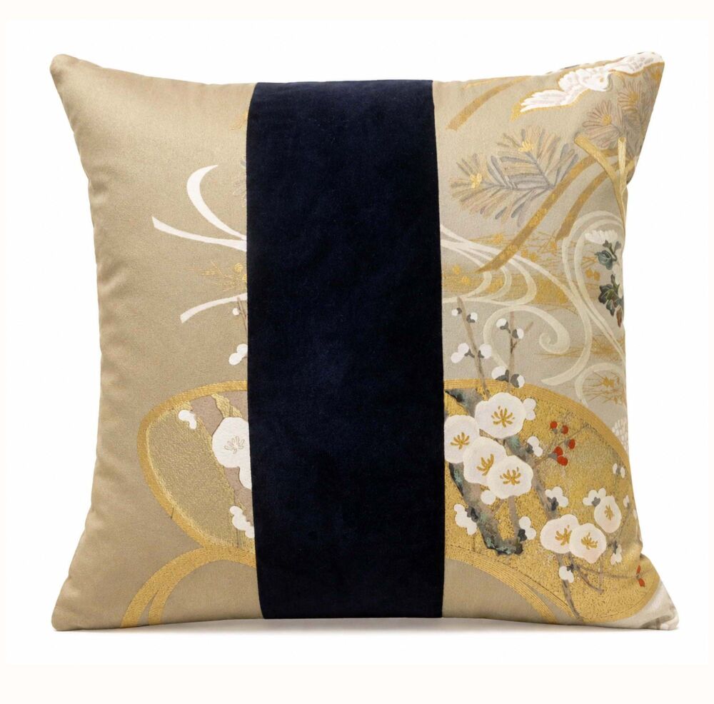 Japanese  Silk Velvet Cushion Cover &ndash; Crane Bird & Pine Trees with Gold Embroidery