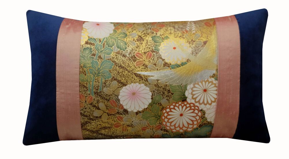 Japanese Crane Cushion Cover in Kimono Silk and Teal Velvet with Gold Accents (30x50cm)