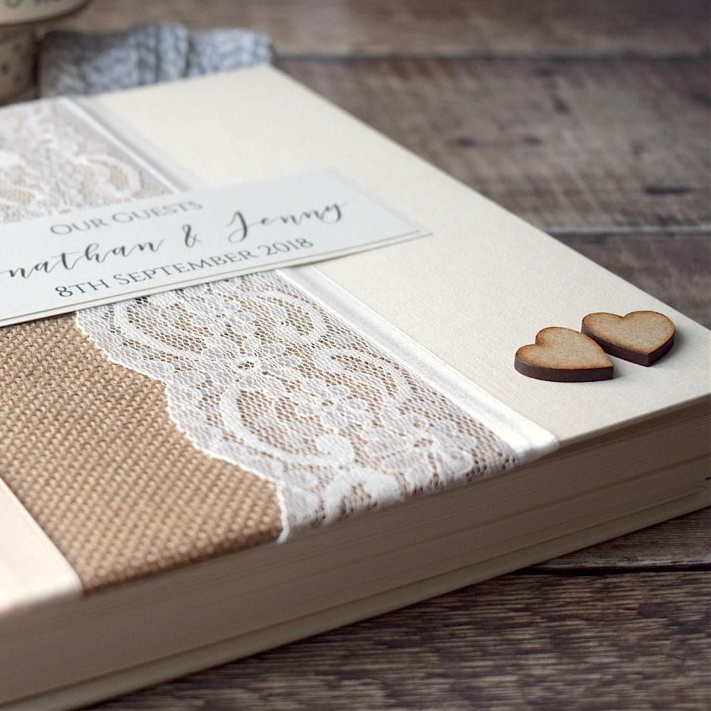 Hessian & Lace Personalised Wedding Guest Book with Hearts