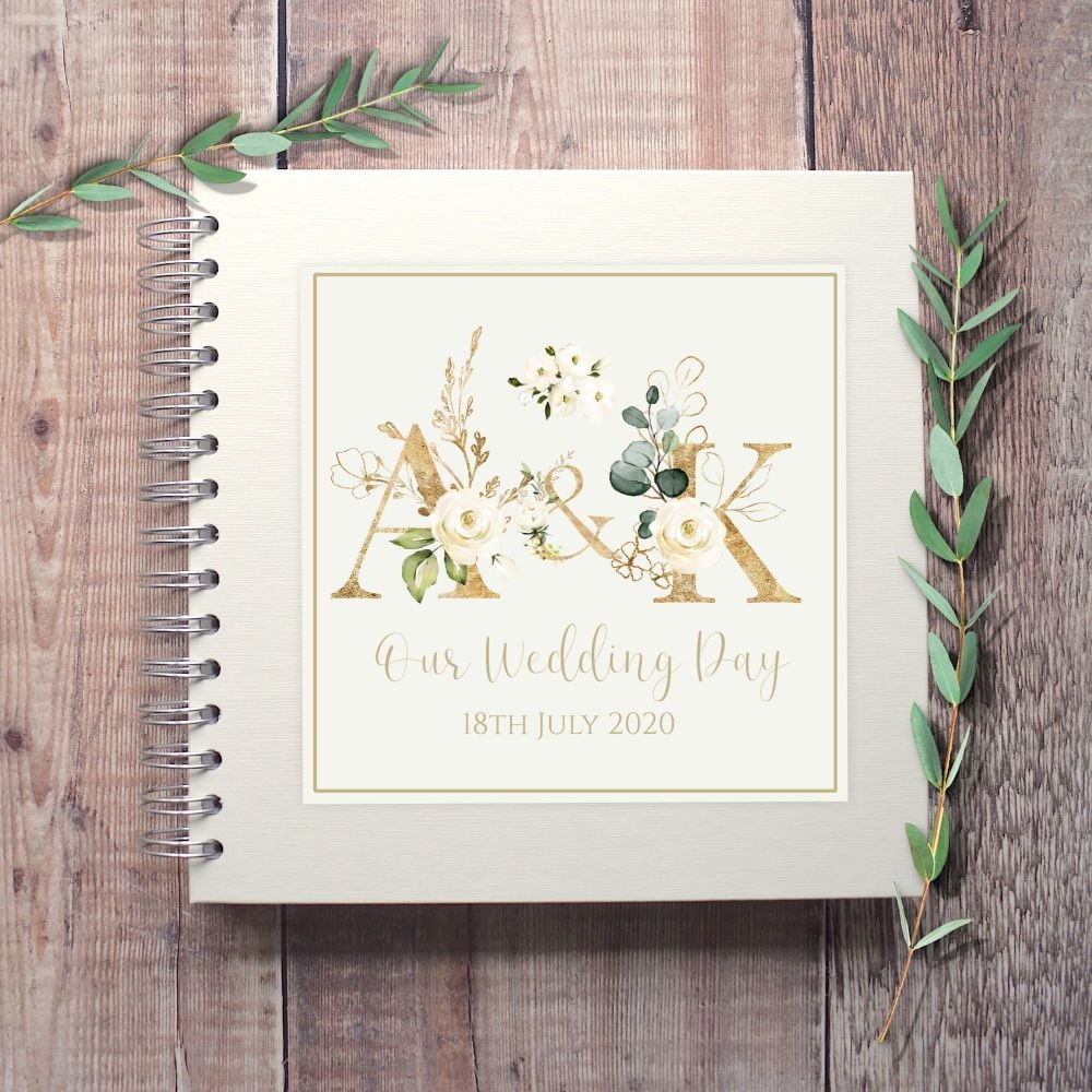 White Floral Initials Botanical Wedding Guest Book