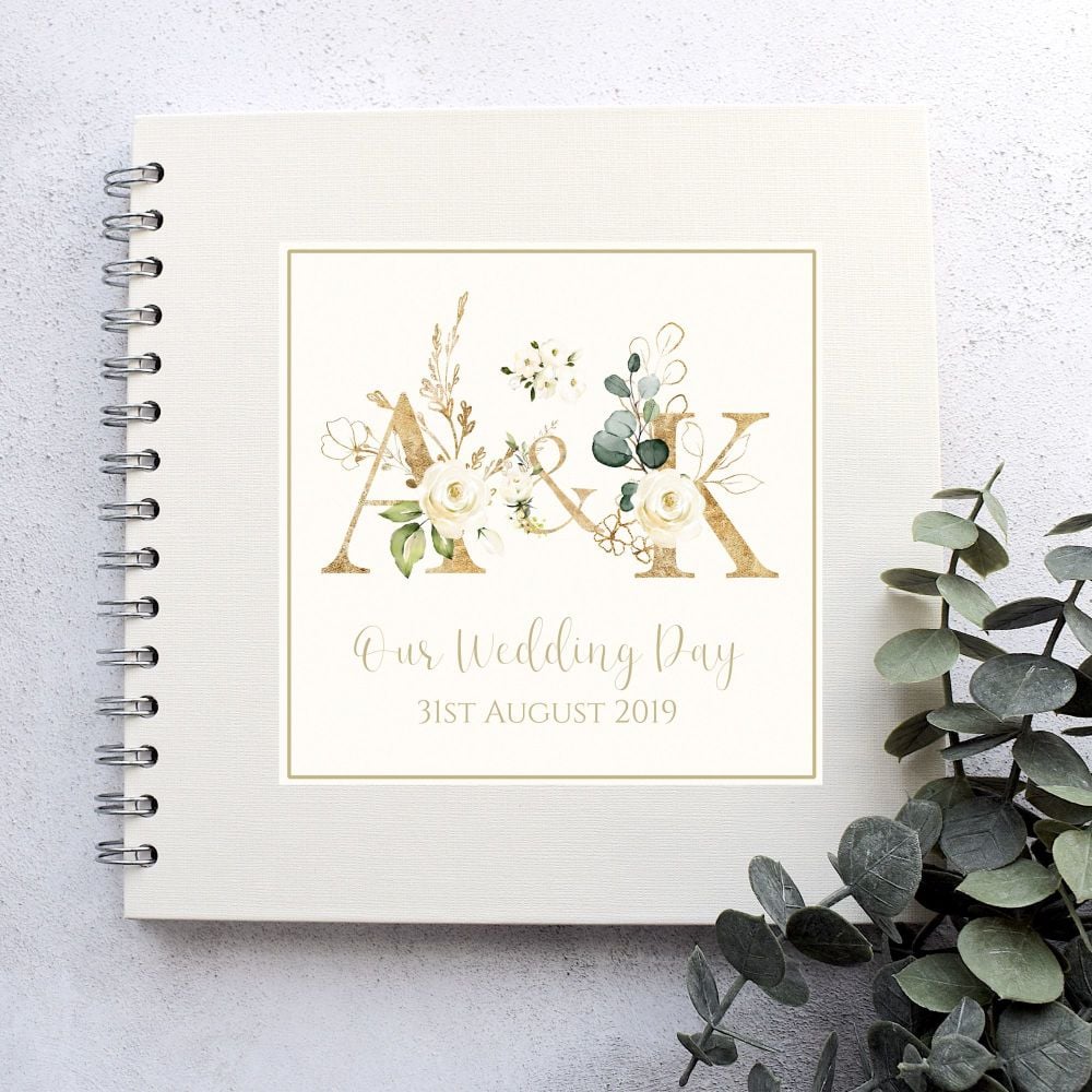 White Floral Initials Botanical Wedding Guest Book