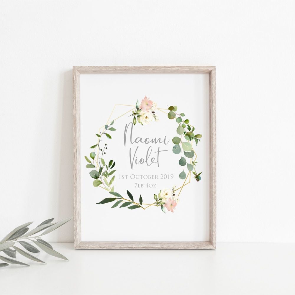 Botanical Pink Rose Personalised Nursery Print