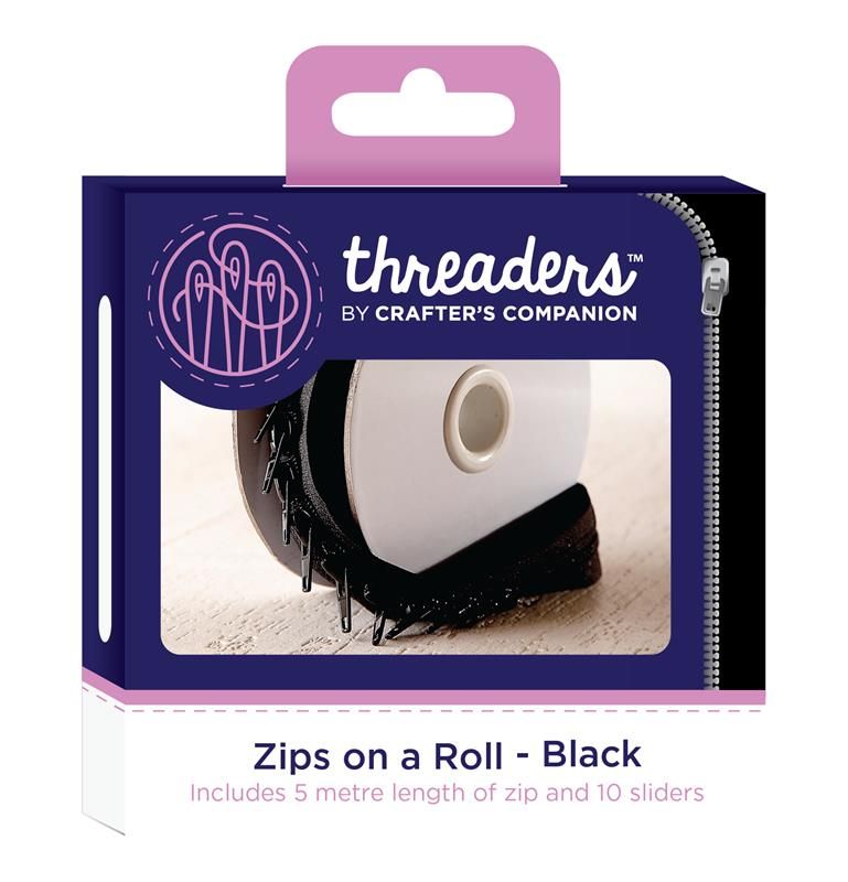 Threaders zip on a roll 5 mtr 10 sliders - black