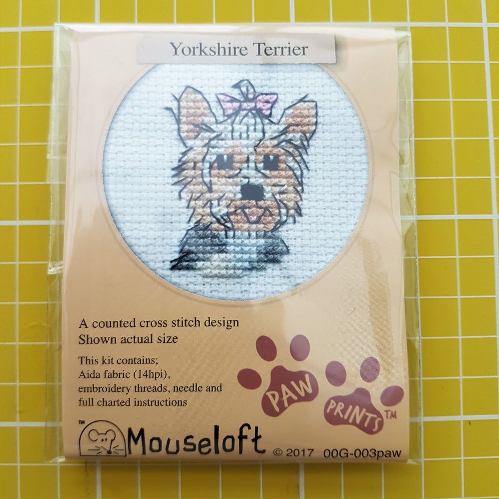 Mouseloft paw prints cross stitch embroidery yorkshire terrier