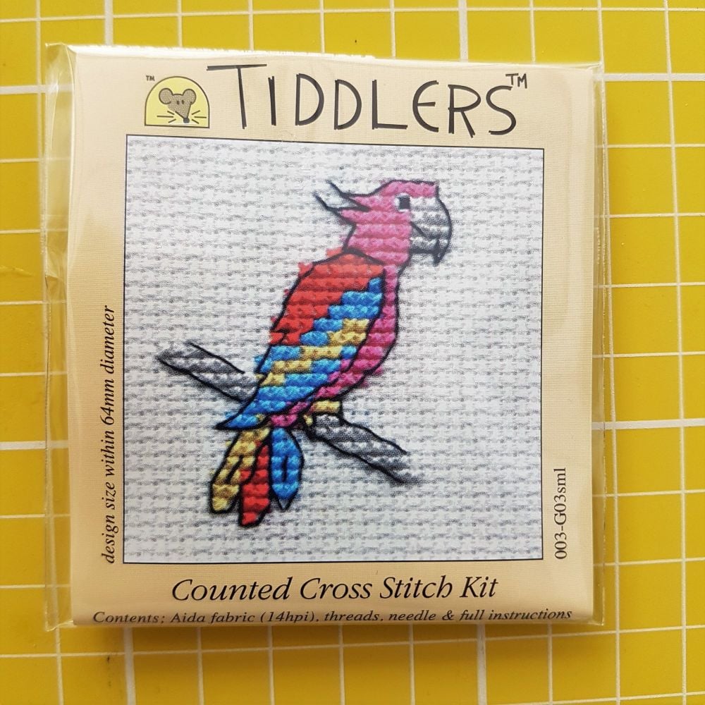 Mouseloft tiddlers cross stitch embroidery parrot