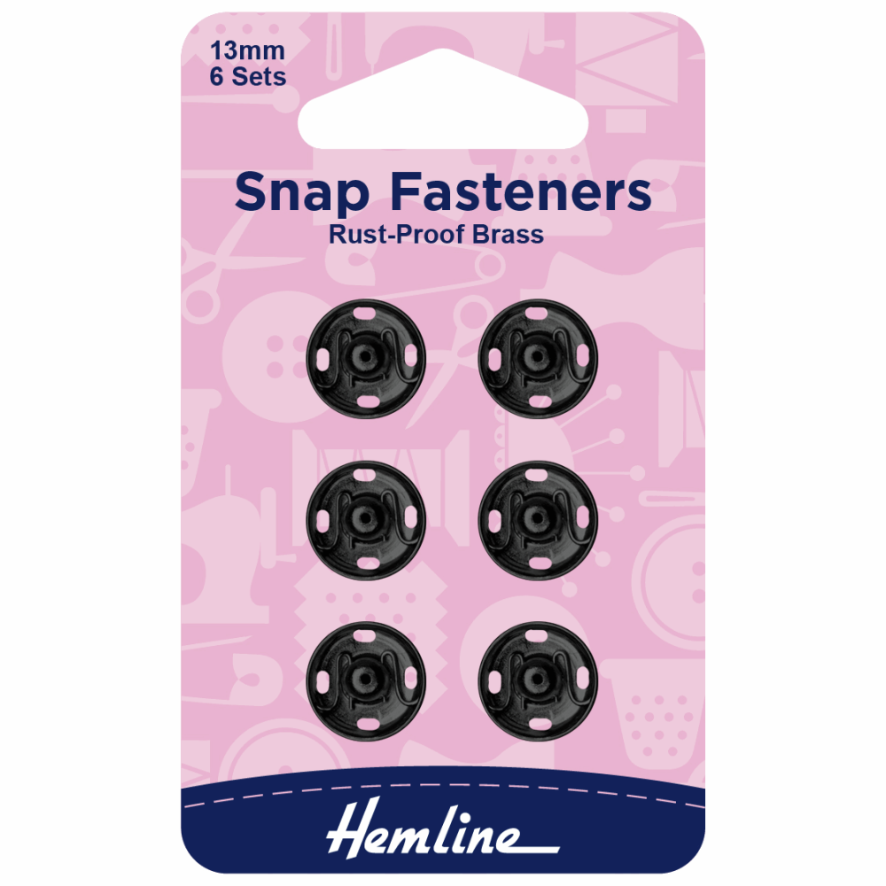 Hemline Snap fasteners 13mm 6 x sets rust proof brass black
