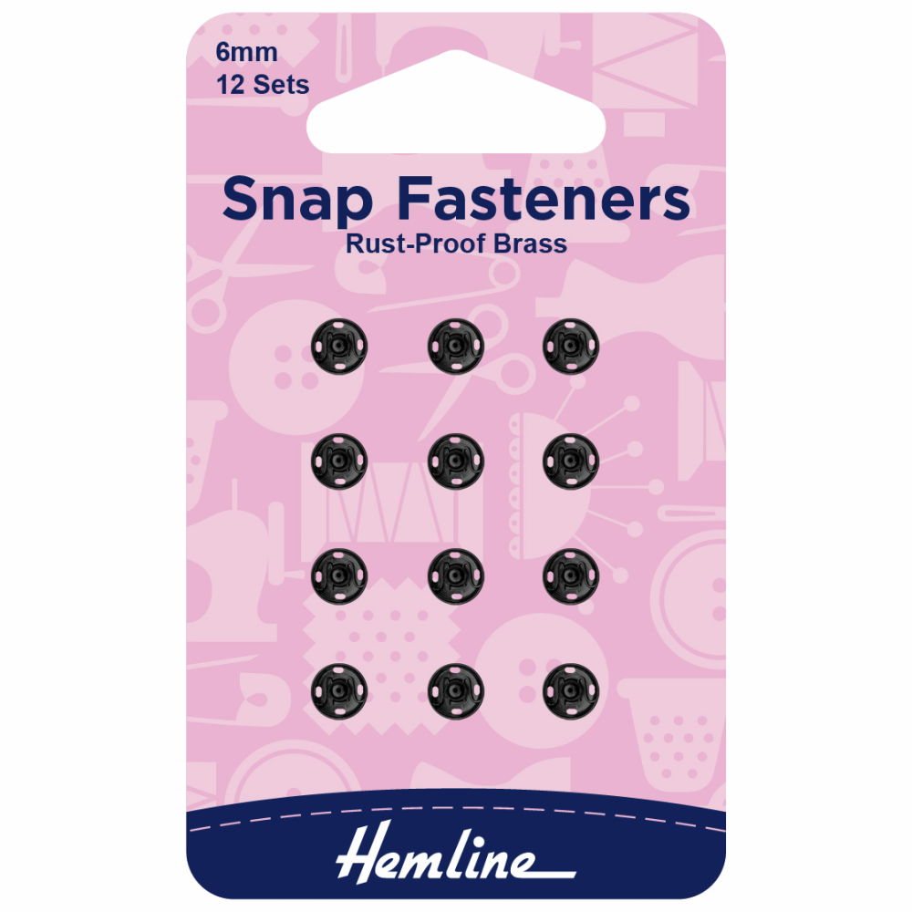 Snap fasteners by Hemline 6mm 12 x sets rust proof brass black