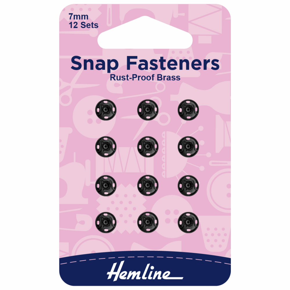 Hemline Snap fasteners 7mm 12 x sets rust proof brass black