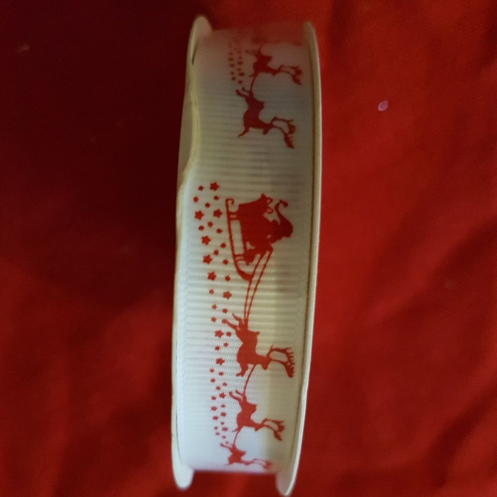 Christmas ribbon cross grain 16mm x 5m Santa's sledge red on white