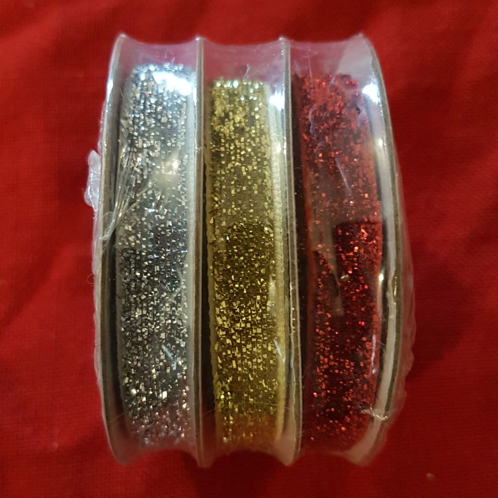 Christmas ribbon glitter variety 10mm x 3 rolls x 2mtr red/silver/gold