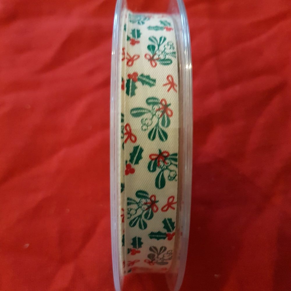 Christmas ribbon holly and mistletoe 12mm by 3metres