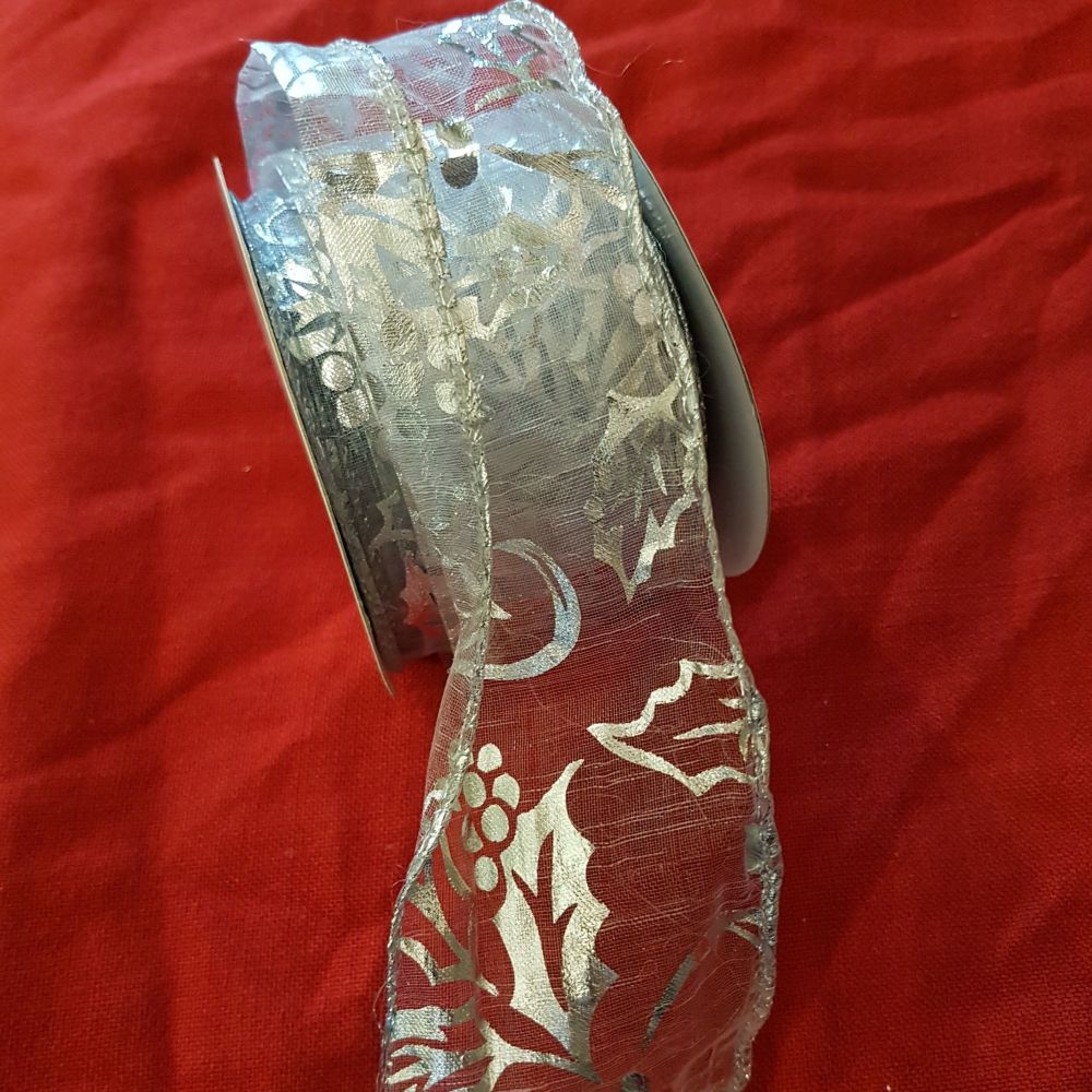 Christmas wire edge ribbon silver holly 63mm by the mtr